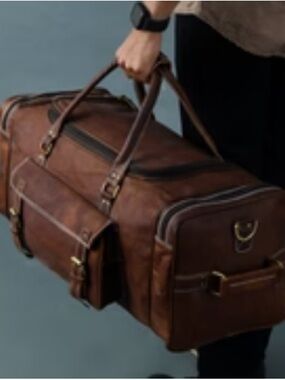 Men's Brown Leather Weekender Duffel Bag - Classic Travel Carryall